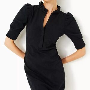 Lilly Pulitzer Elsey Popover Puff Sleeve Dress Navy Blue Jacquard Knit Size S